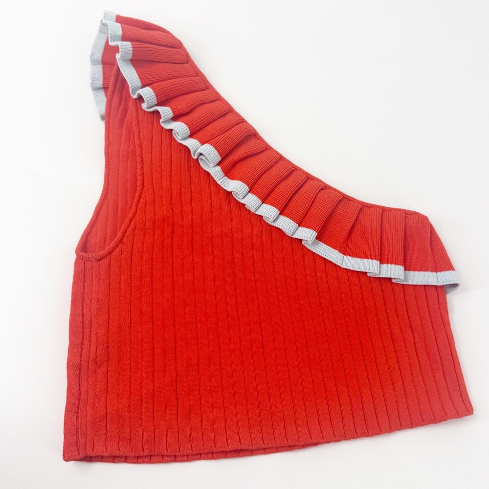 Tabula Rasa One Shoulder Ruffle Knit Crop Top Orange Red Ribbed Size S - Picture 8 of 8
